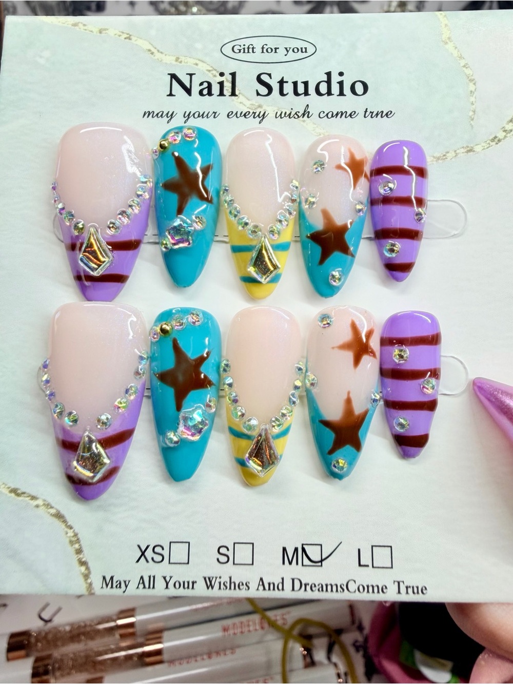 Nail Studio Star Accent Press-On Nails - Purple, Turquoise, Nude
